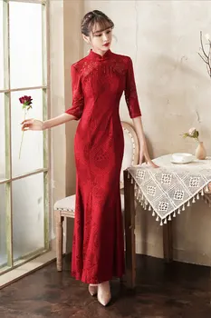Сватбена Китайското рокля Ципао, завързана яка-часова, Чонсам, Официалната парти, Елегантни вечерни банкетни рокли на знаменитости