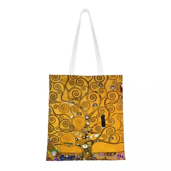 Произведено по поръчка Дърво на живота, Густав Климт, холщовые чанти за пазаруване, женски здрави торбички за пазаруване с продуктовата рисувани