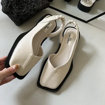 Летни ежедневни дамски сандали, модерни дамски обувки на плоска подметка с еластична лента, дамски официални обувки с малките пръсти, сандали на квадратен ток Baotou