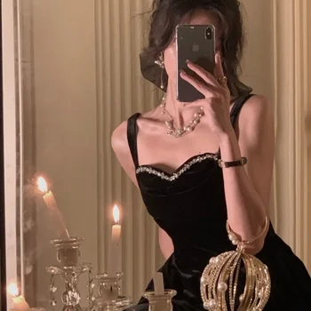 Ново елегантно лятно бархатное винтажное черна рокля с тънки спагети презрамки, женски секси рокля за абитуриентски бал, мода за партита, дамски рокли