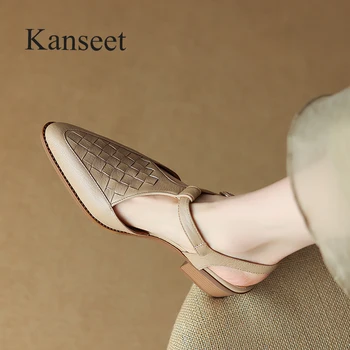 Дамски обувки Kanseet / новост 2023 г.; пролетни сандали от естествена кожа с остри пръсти на среден ток; Ежедневни дамски ръчно изработени обувки с каишка и катарама; 41
