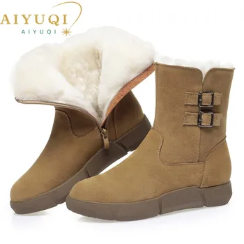 AIYUQI/ Дамски зимни обувки от велур и естествена кожа; Новост 2023 г.; дамски зимни обувки на неподвижни плоска подметка; топли вълнени дамски ботильоны;