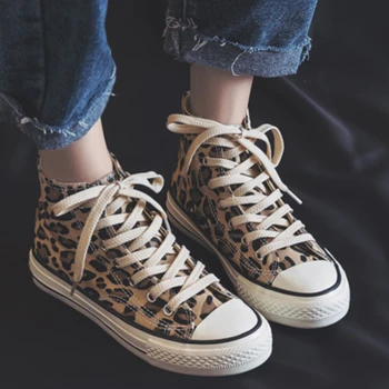 Дамски парусиновая обувки с леопардовым принтом, модерни, универсални нескользящие маратонки дантела, леки пешеходни обувки на плоска подметка, Zapatillas De Mujer
