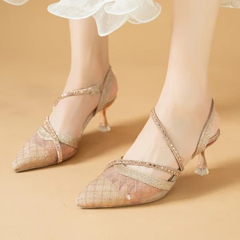 2023 Модни Дамски обувки; Дамски обувки-лодка на един педал; Есента рокля С остри пръсти и пайети От дишаща мрежа; Обувки на висок ток или на тънките токчета