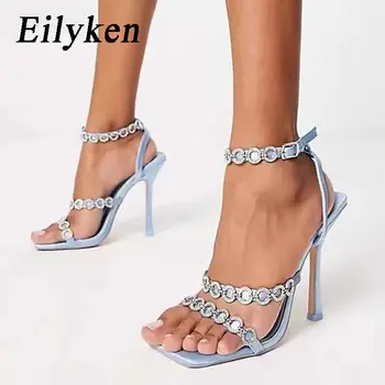 Eilyken 2024 Гладиаторски Кристални Сандали с тясна лента, женски улични обувки с квадратни пръсти, за високите токчета, за танци на един стълб, летни обувки