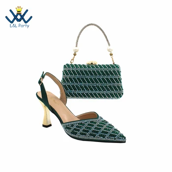 Популярни в Нигерия Нови елегантни сандали на висок ток зелен цвят за прости и универсални изискани партита, комплект обувки и чанти