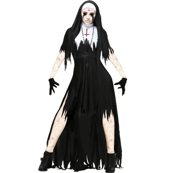 2024 Зъл Дух, Демон На Монахиня Сестра Костюм За Хелоуин Женски Черен Страшен Зъл Кръст Терор Вампир Зомбита Монахиня Cosplay Маскарадное Рокля