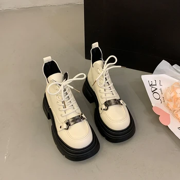 Удобни обувки в британския стил Дамски Дизайнерски Кожени Ботильоны с кръгло бомбе на дебела подметка, Нова дамски обувки в стил ретро дантела