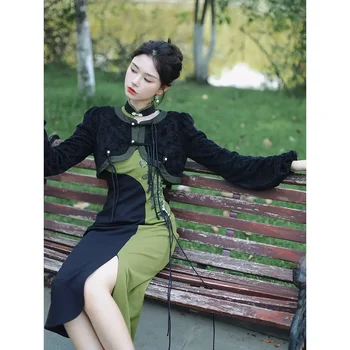 Елегантна рокля-чонсам с дълги ръкави и с бродерия във формата на рози с палто в китайски стил, Ципао, модерен танцов фестивал