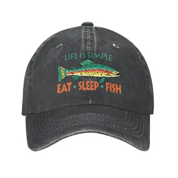 Модни памучен забавно бейзболна шапка за риболов за мъже и жени, Регулируеми по поръчка, унисекс, Яде, спи, Риба, шапка за баща на открито
