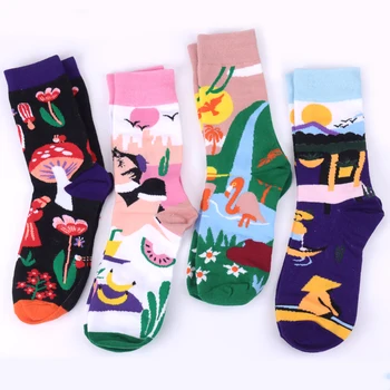 1 чифт чорапи с цветни принтом в западна мода, чорапи в стил хип-хоп и Street Забавни, дамски есенни и зимни чорапи със средна дължина