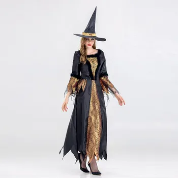 Костюм за Хелоуин, cosplay, луксозен костюм вещица златен цвят, шапка на вещица за възрастни, Дълга рокля-маскарад