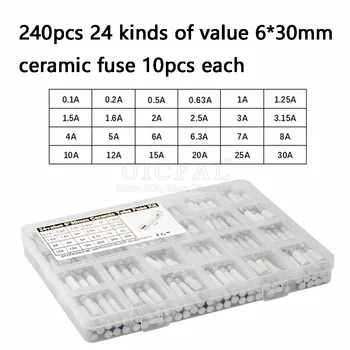 Комплект керамични кондензатори 24 вида по 240 бр. на всеки, 10 бр. Разход на ток в кутия 6x30 мм керамична тръба предпазител 0.1 A-30A