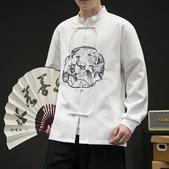 Топ китайски стил с дълъг ръкав, мъжки Реколта дрехи от епохата на Тан копчета с бродерия, костюм на Конг Фу Тайчи, яке, палто с яка-часова