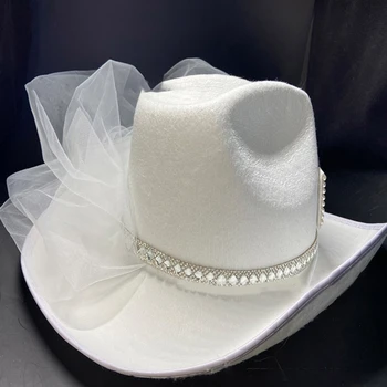 Дамски шапка Бяла елегантна ковбойская шапка с воал Подпори за сватбена снимка на булката