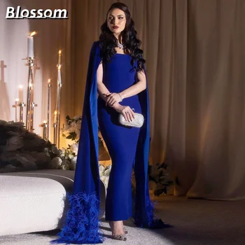 Царско синьо вечерни рокли 2024, ръкави-пелерини с пера за Елегантни вечерни рокли-калъф с дължина до щиколоток за бала, вечерна рокля