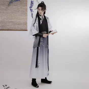 Речта на Древното китайско Фехтовач Ханфу с преминаването яка и дълги ръкави, Черно-сини костюми Кайсия Учен 3ШТ Костюми голям размер