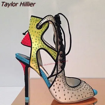 Подходящи по цвят кристали, Елегантни дамски обувки на висок ток с отворени пръсти и джапанки-фиби, Удобни и модерни вечерни луксозни летни сандали 46