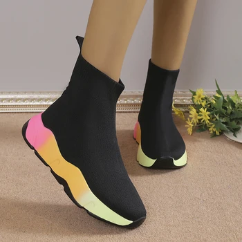 Дишащи трикотажни ластични дамски обувки с чорапи 2023, Есенни ботильоны с дебела подметка цветове на дъгата, Дамски обувки с чорапи голям размер 43
