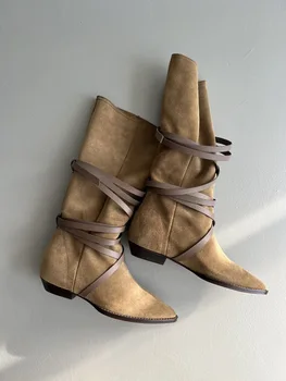 2022 Есенни кожени дамски минималистичные чорапи с остри пръсти, обувки на нисък ток, реколта обувки дантела, Женски ботуши на платформа