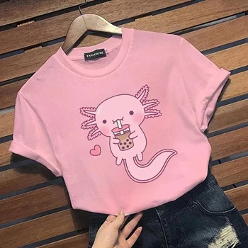 Дамски нова сладка тениска с графичен принтом Kawaii Axolotl, ежедневни градинска скъпа риза с кръгло деколте и къс ръкав Y2K Tops
