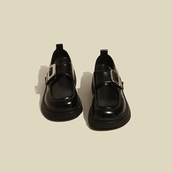 Универсални дамски черни обувки на равна подметка с кръгла пръсти в британския стил, ежедневни дамски обувки, Есенни лоферы с кожа, сабо в платформата