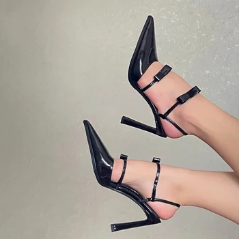 Нови дамски сандали от лачена кожа с възел-пеперуда с високи токчета, дамски модел високи обувки с остри пръсти, дамски официални сандали de las mujeres