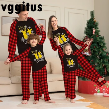 Еднакви пижами за семейството, домашен Коледен костюм в клетка с шарките на лосове, безплатен комплект от две части за семейство от пет родителите и детето H049