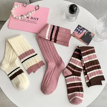 Чорапи с розова лента, дълги чорапи до коленете, минималистичные пролетно-летни памучни чорапи за жените, чорапи Calcetines Mujer