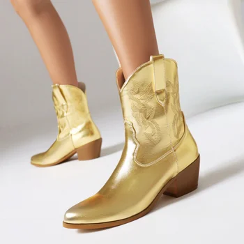 Бродирани каубойски къси ботуши дамски обувки посочи Нос буци петата овчарка ботуши приплъзване в средата на прасците каубойски ботуши злато, сребро