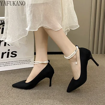 Калин Френски стил, обувки на висок ток с катарама в една линия, Черни тънки токчета, секси дамски обувки с остри пръсти, Темпераментни обувки за парти и бала
