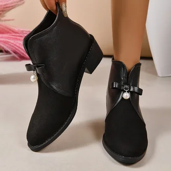 Зимните модерни дамски ботуши на квадратен ток до средата на прасците, модни дамски гумени обувки без закопчалка, обувки джоб с остри пръсти, Botas 2024 г.