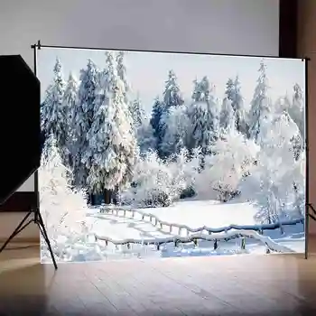 Фон за снимки на ЛУНАТА.QG Коледен Бял сняг, Зимни Бор Фотофон Натурален Дървена ограда Пътят Украса студио