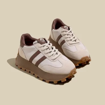 Маратонки, Спортни обувки от естествена кожа в дебела подметка 2023 Есенно-зимни спортни обувки, Дамски обувки с вафли Дамски маратонки лукс