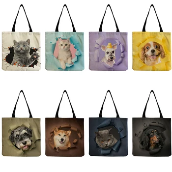Индивидуален дизайн с 3D дупки, чанти с шарени котки и кучета, градинска чанта през рамо, голям капацитет, колоритен чанта за пазаруване с модерен принтом.