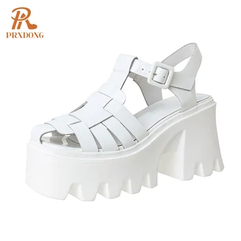 PRXDONG/ Дамски новата модерна лятна обувки от естествена кожа на висок масивна ток и платформа, Черни, бели сандали с Т-образно каишка в римски стил