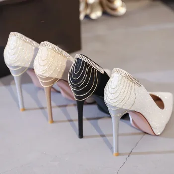 2024 Новата пролетно-есенен дамски обувки с остри кристали, пайети, модни фини обувки на ток ультравысоком