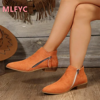 Нови есенни дамски обувки със страничен цип в европейския и американския стил, дамски кожени обувки на дебелите ток, големи модни модни обувки