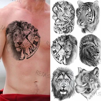 Черен Лъв Компас Временни татуировки за възрастни мъже Реалистична Лисица Тигър Рози Цвете Нож Фалшива татуировка Стикер Татуировка на гърдите