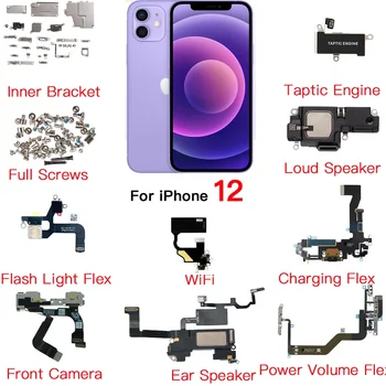 Вътрешните детайли за iPhone 12, Предна камера, Ушния говорител, мощност, обем, Гъвкав кабел, Taptic Engine, Всички винтове, скоба