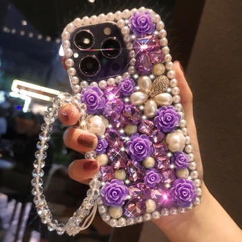 Луксозен твърд калъф за телефон с кристали и перли 3D Rose от КОМПЮТЪР за iPhone 15 14 13 12 11 Pro Max Case X XR XS