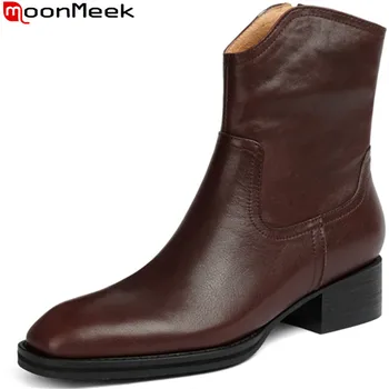 MoonMeek/ 2022, Размер 33-42, Нови дамски зимни обувки от естествена кожа с цип, ботильоны на средно квадратен ток, модел обувки