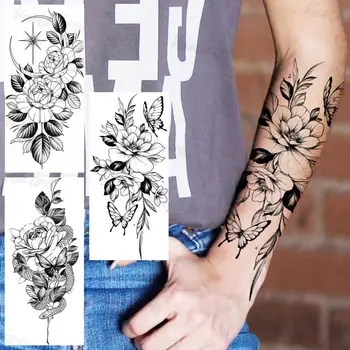 Временни татуировки пеперуда-черно Георгином за жени и възрастни, реалистична стикер с изображение на Лунната Змии, изкуствена татуировка във формата на цвете, татуировки на ръцете и бедрата