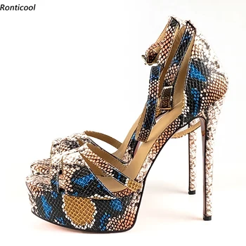 Дамски сандали, изработени ръчно Ronticool с каишка на щиколотке, платформа, Змия ток-шило, открит чорап, красиви черно-сини вечерни обувки, размер САЩ 5-20