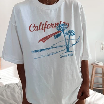California Surf Дамски тениски с ретро графика Дамски летни извънгабаритни Модни тениски за почивка на плажа, годината на Реколтата естетически тениски, Потници