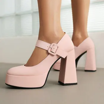 Розово-бяла Сладката Лолита За момичета, Мери Джейн, Широка каишка с катарама, Женски модел обувки на висок ток, обувки-лодка на дебелите обувки, дамски обувки-лодка на дебелите ток