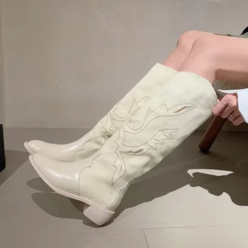 Обувки дамски 2023, Маркови дамски обувки без закопчалка, Модни модерни ботуши с бродерия, дамски секси високи обувки до коляното с остри пръсти, женски