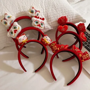 Китайската Нова Година е Червено Кадифе лента за коса Дамски Шапки Сладко Плюшено Cartoony Дракон Котка Китайски Герой Превръзка на главата Украса за коса