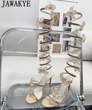 Нови Луксозни Секси Сандали-Гладиатори до коляното, Дамски обувки на висок ток с каишка на щиколотке под формата на кристално цвете, Летни Дамски Сандали с джапанки