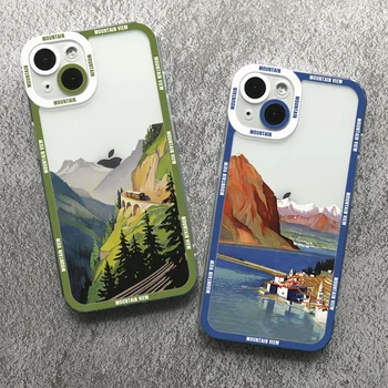 Илюстрацията с изглед към планината, калъф за телефон за iPhone 15 14 13 12 11 Pro Max Mini XS XR SE 8 14 Plus, пейзаж прозрачна чанта с меки корици